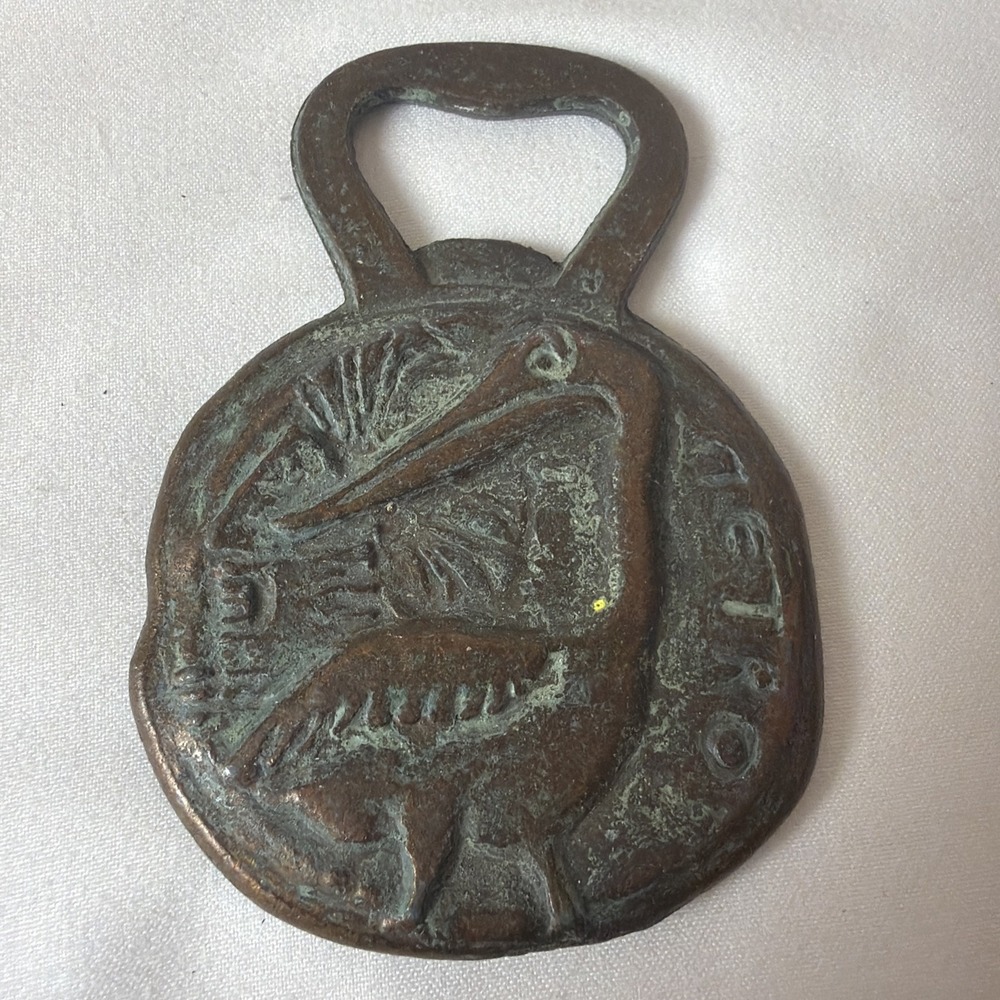 VTG Brass Greek Bottle Opener Double Sided Petros the Pelican & Windmill‎